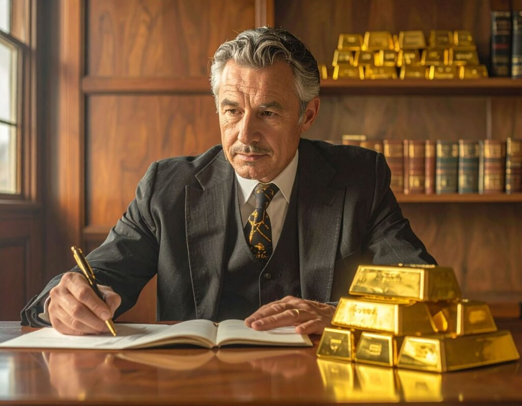 中年男性坐在桌前，旁邊放著金條，一邊作筆記