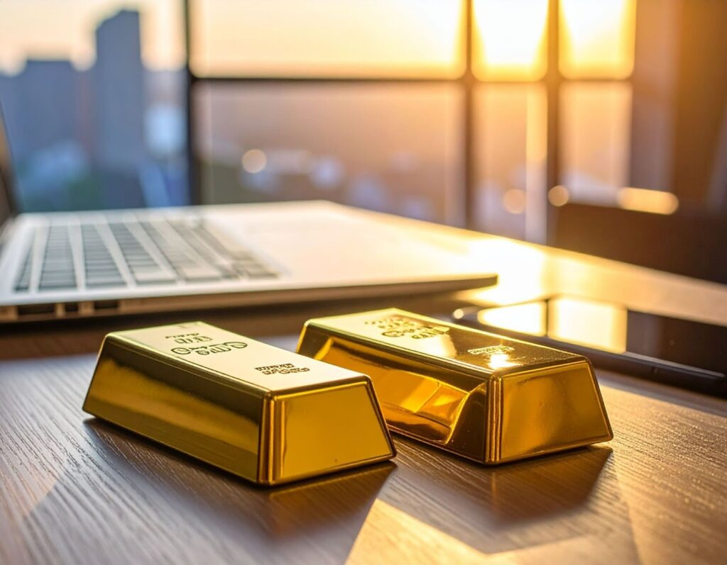 室內近拍，金條放在桌上，旁邊是計算機與手機