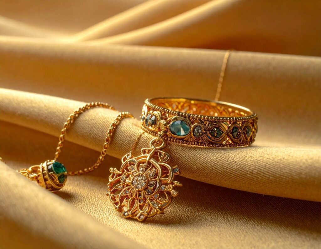 放在絨布上的金飾