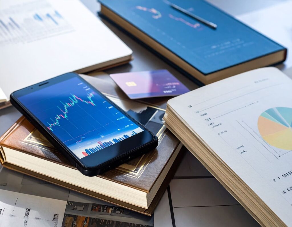 桌上攤開理財書與手機