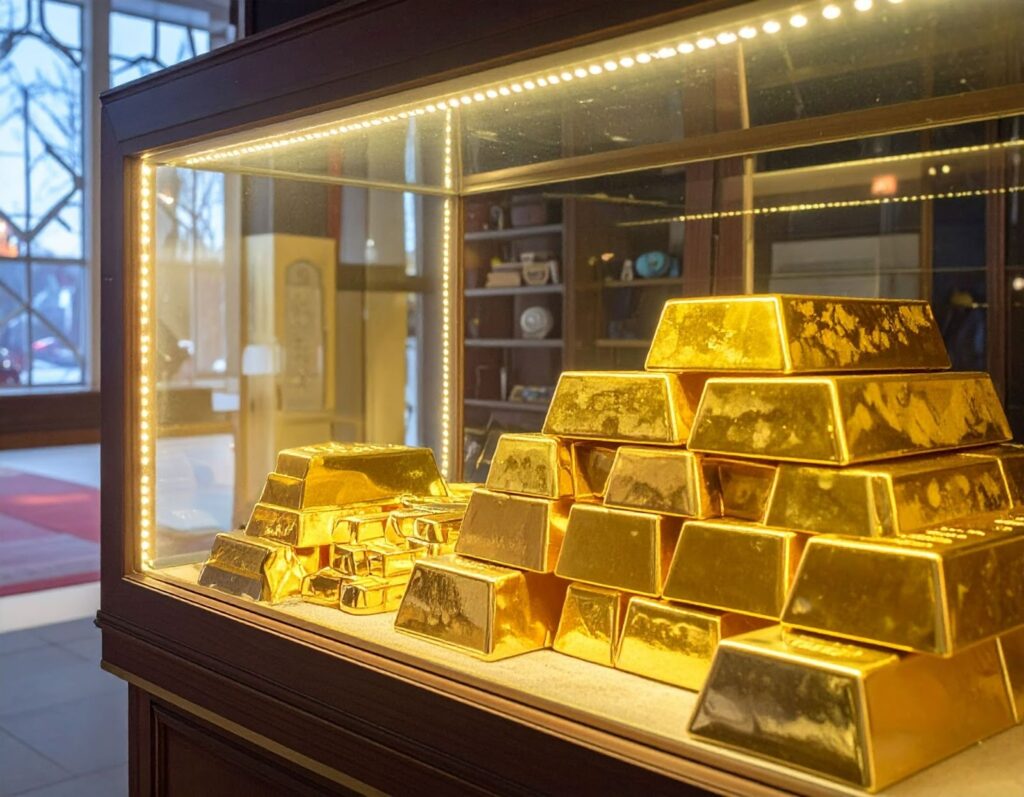 珠寶店玻璃櫃內展示多塊金條