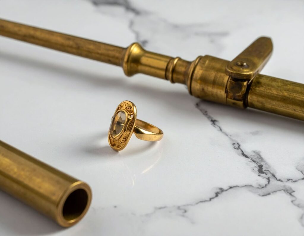 桌面上放著金戒指與秤重器