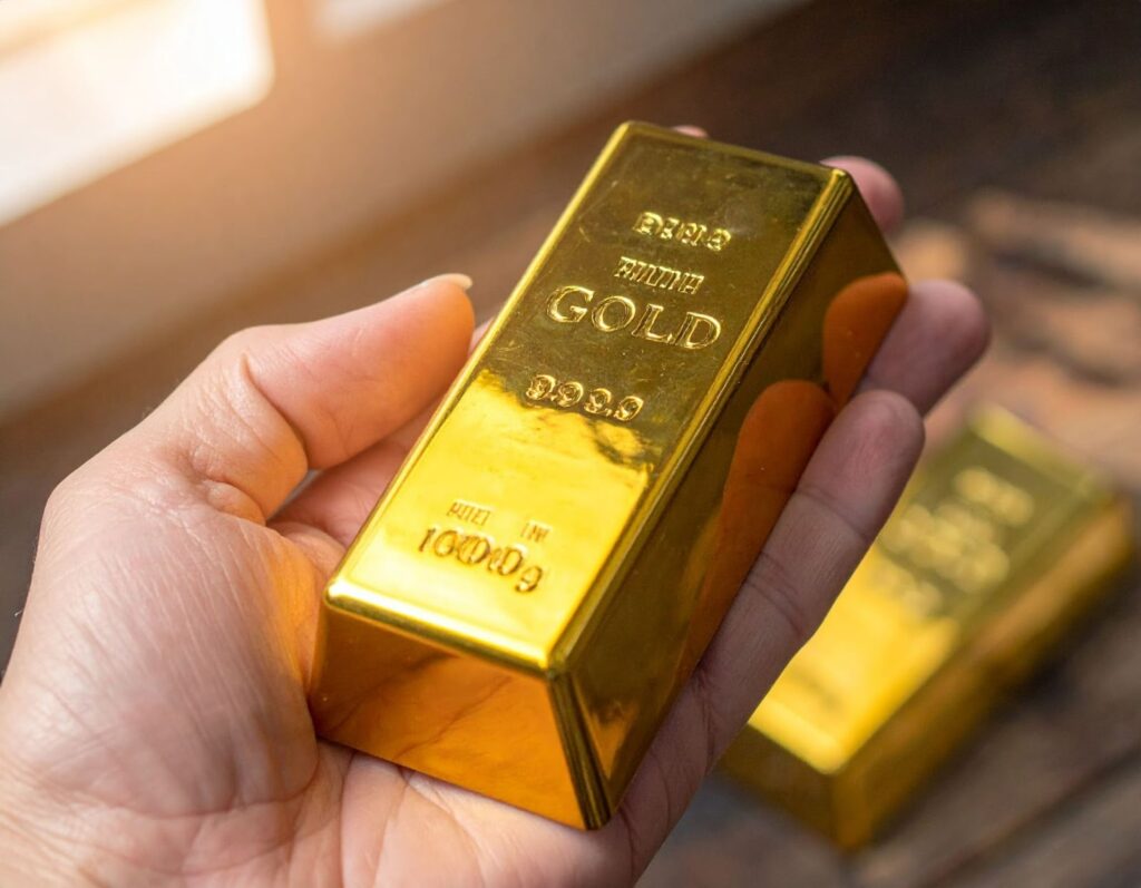 手拿金條觀察表面純度刻印