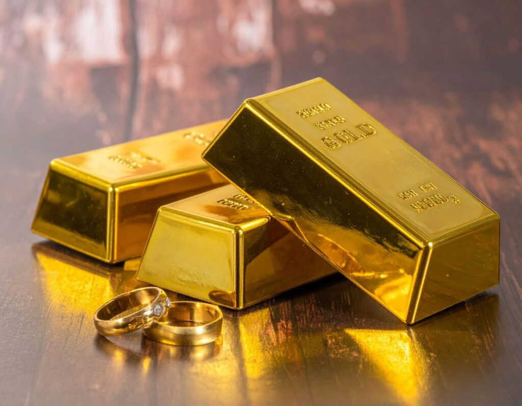 桌面上放著純金條與 K 金戒指