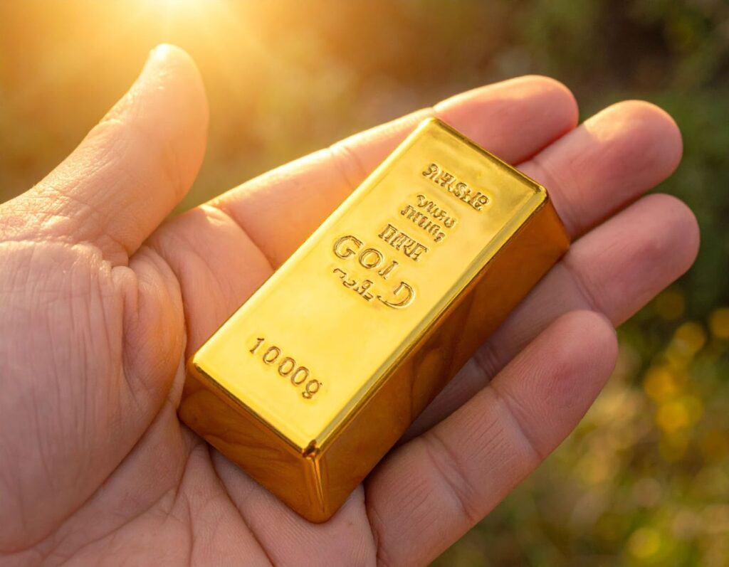 一手拿小金條觀察純度刻印