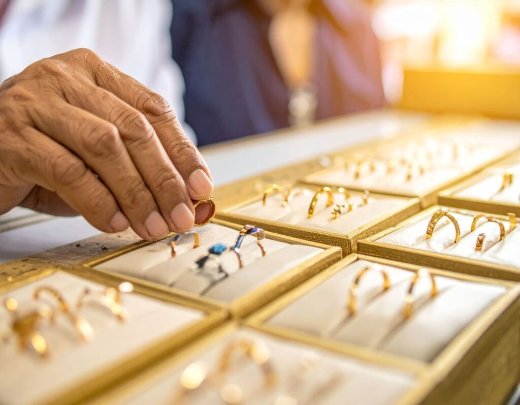 金店鑑定師在櫃檯上檢查 K 金戒指