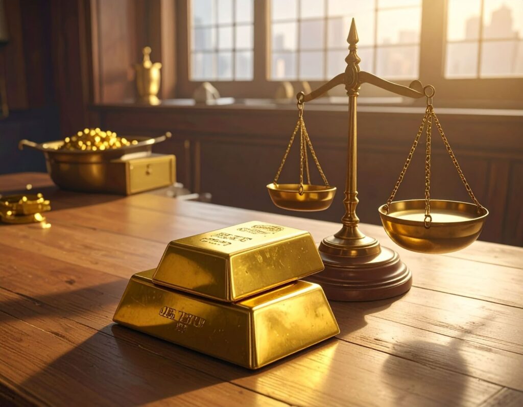 桌上擺放金條與秤重工具