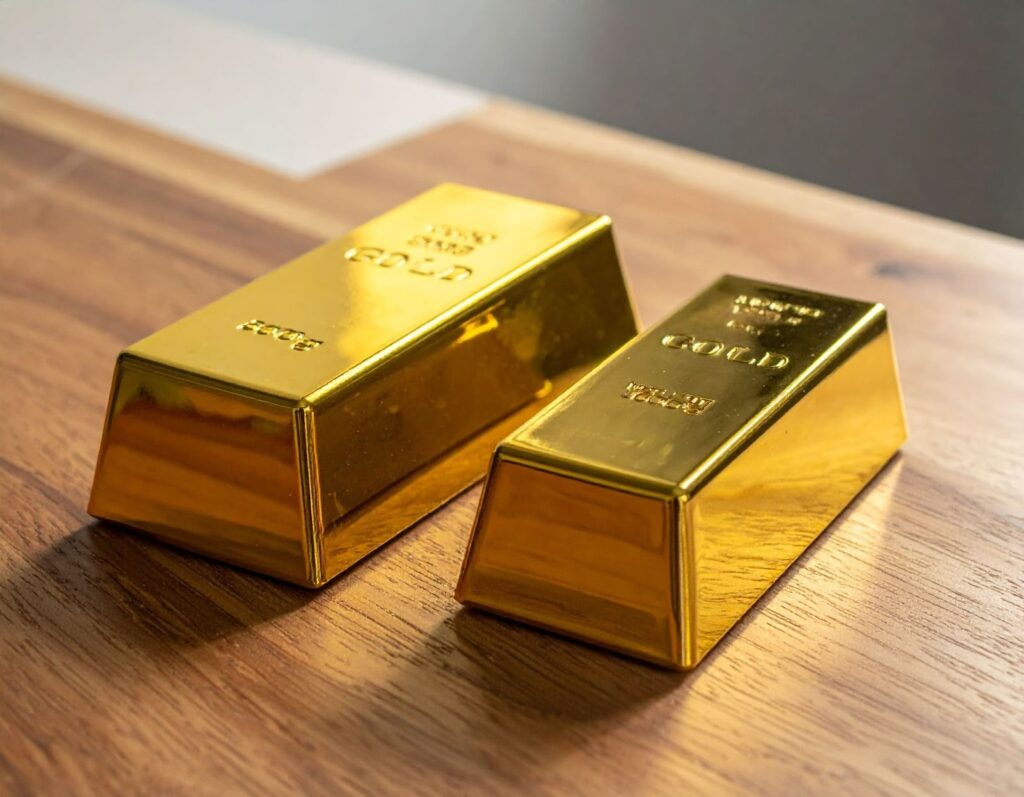 桌面展示一塊金條與小金條的大小差異