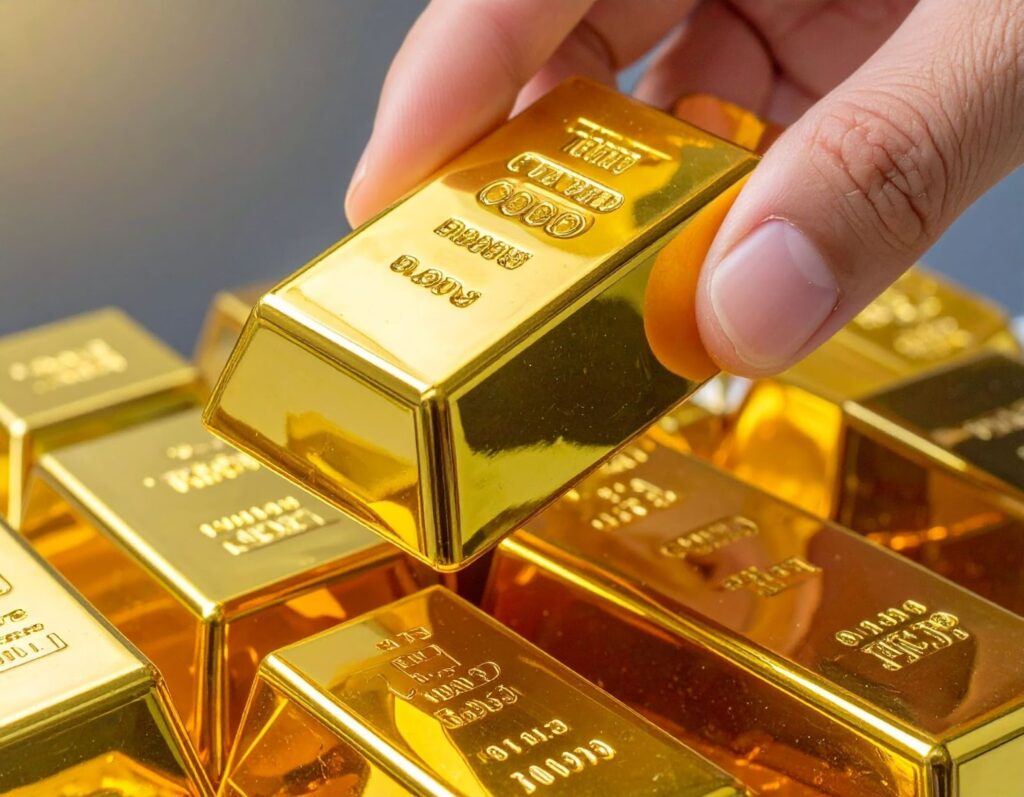 拿著一塊大型金條查看重量