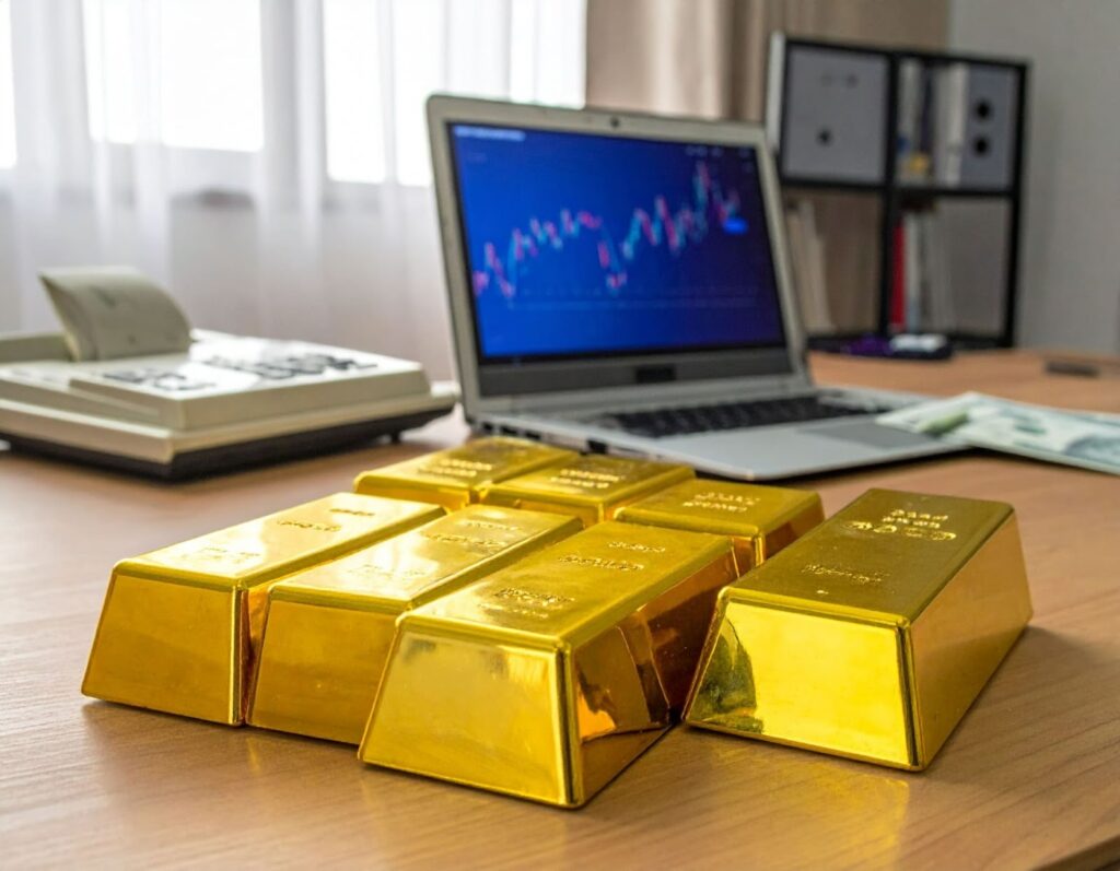 金條旁邊放著計算機與筆記