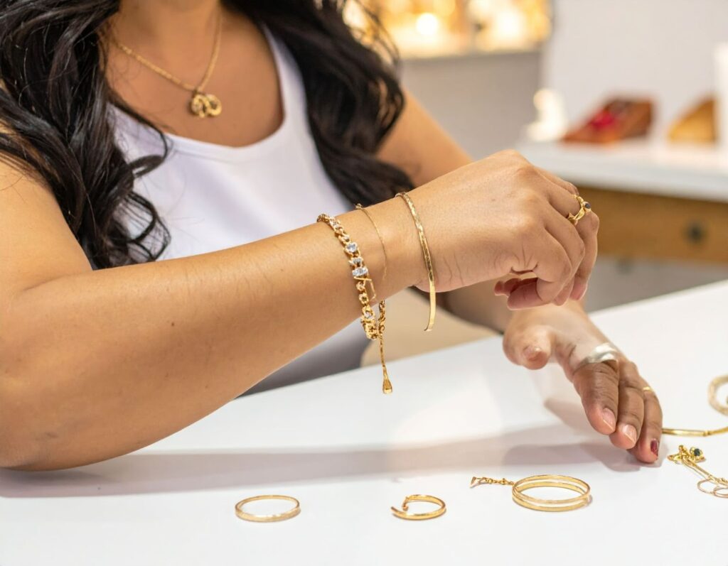 女子在珠寶店試戴金手鍊