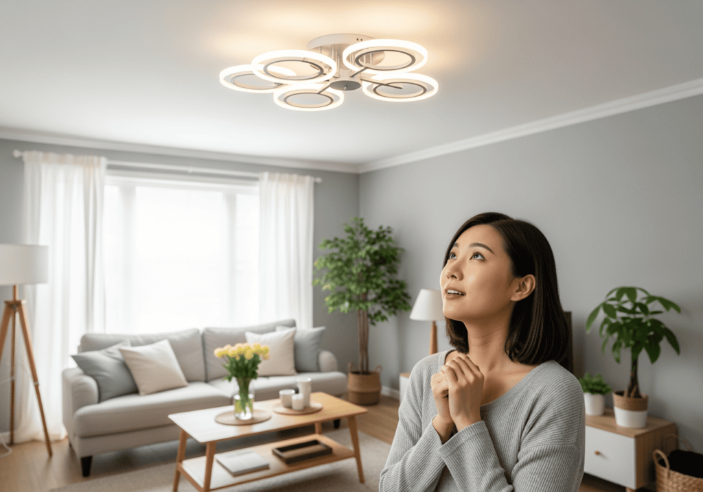 女性（亞洲人）站在客廳觀察新燈亮度