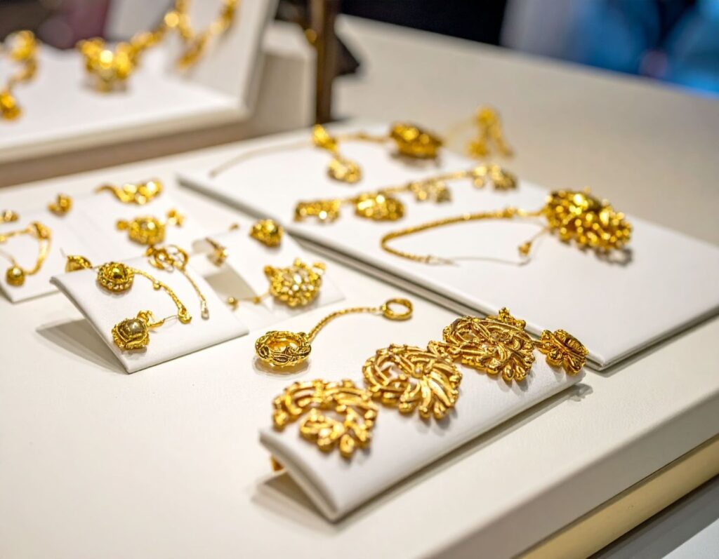 櫃台上擺放黃金飾品