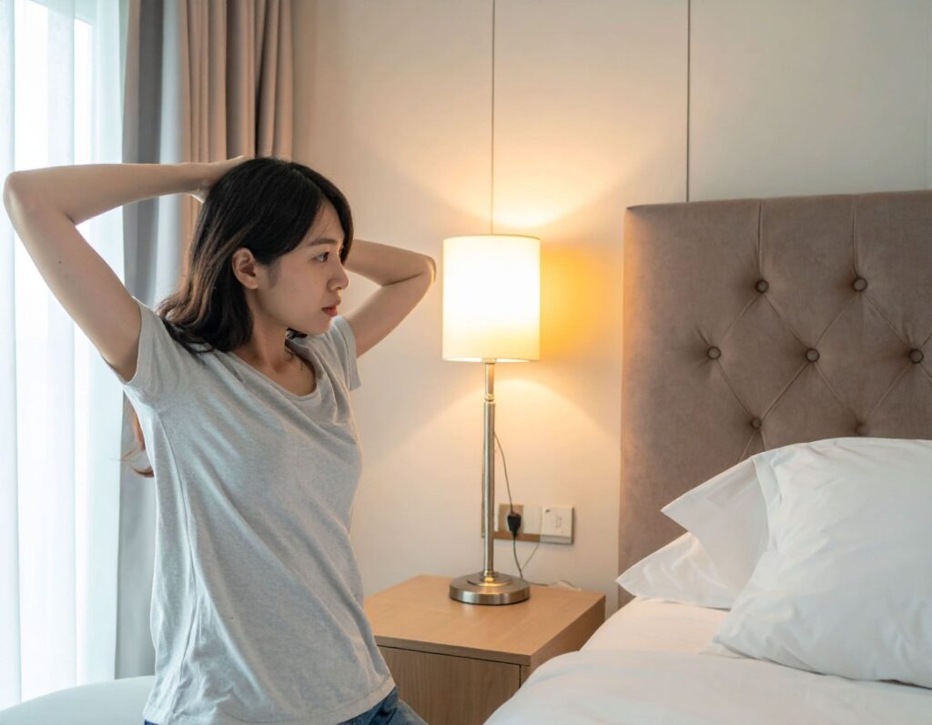 女性（亞洲人）在臥室看著感應燈亮起，感到困惑