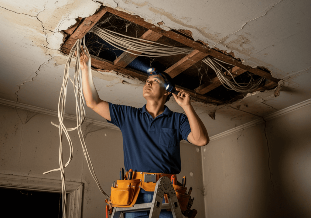電工（亞洲人）檢查老屋天花板電線