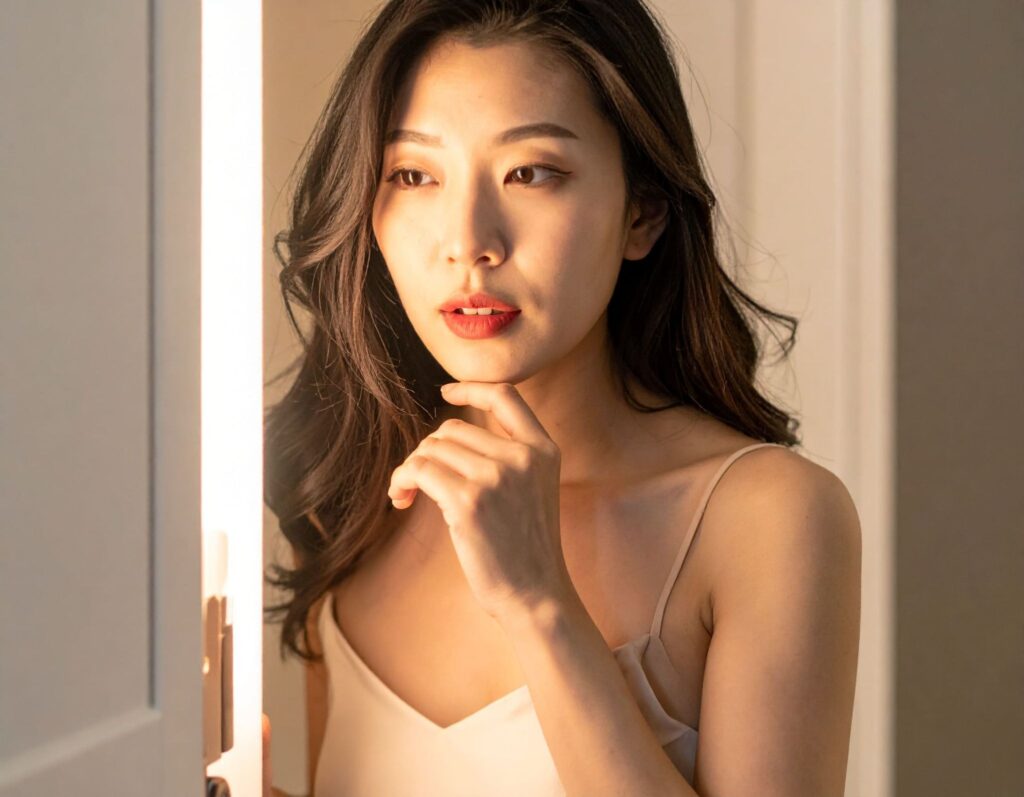 女性（亞洲人）觀察門口照明範圍