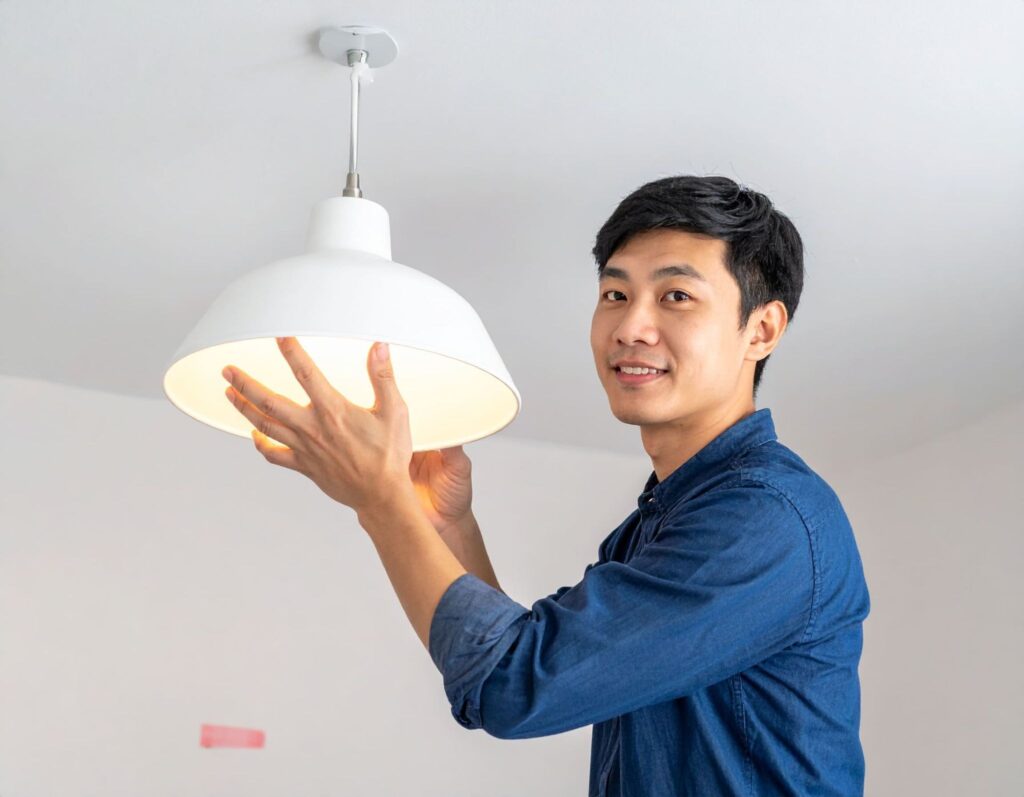 男子（亞洲人）成功安裝合適燈管