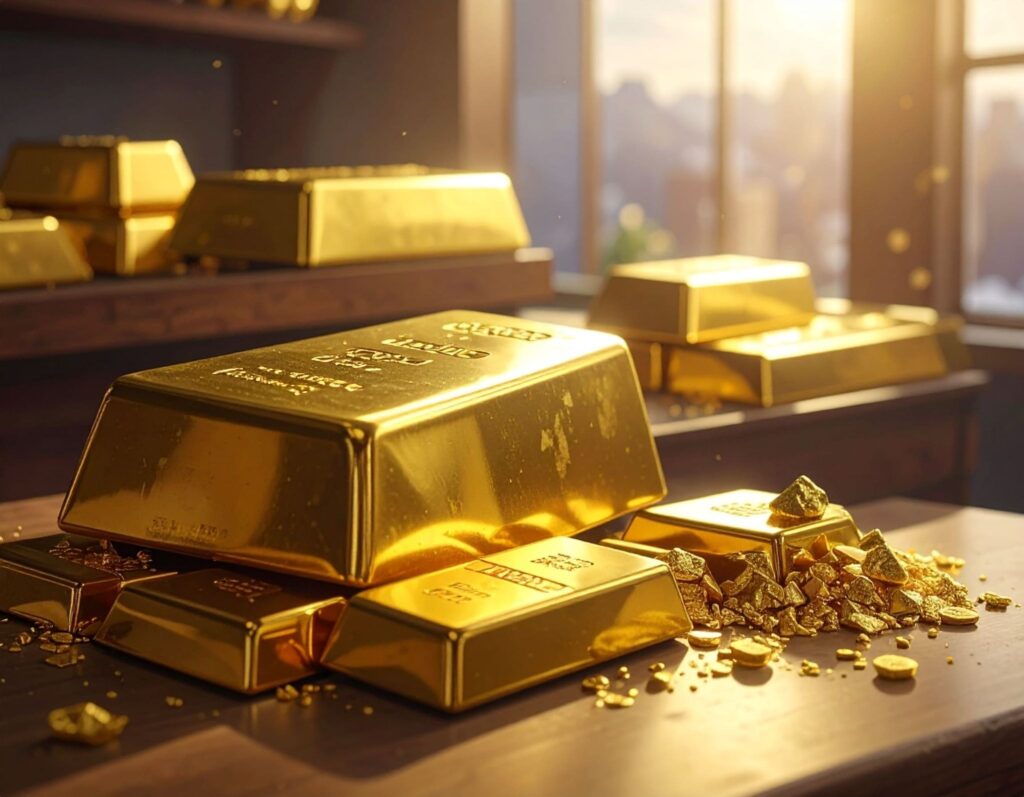 櫃台上擺放大小不同的金條