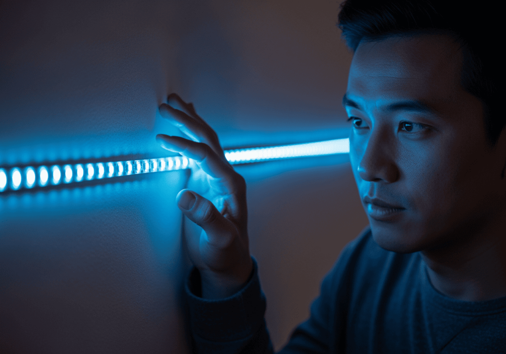 男子（亞洲人）觸摸LED燈條