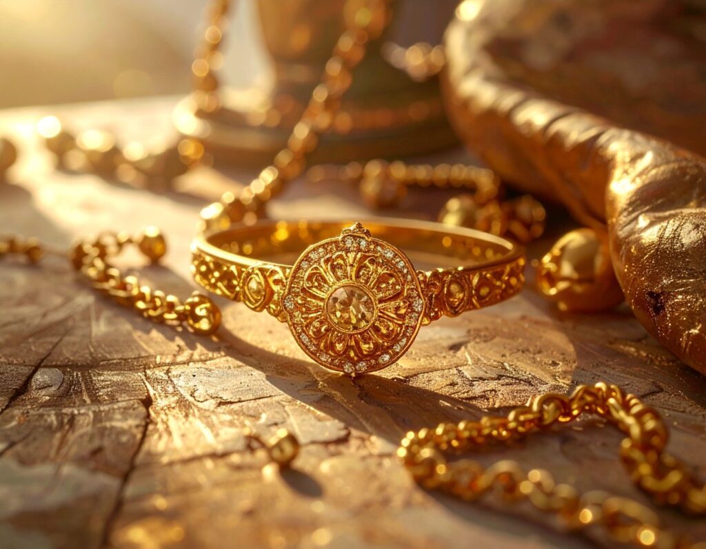 桌上擺放純金飾品