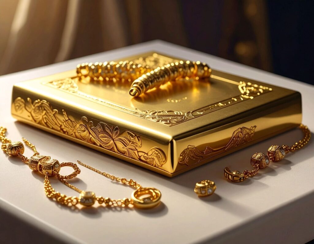 桌上擺放純金飾品