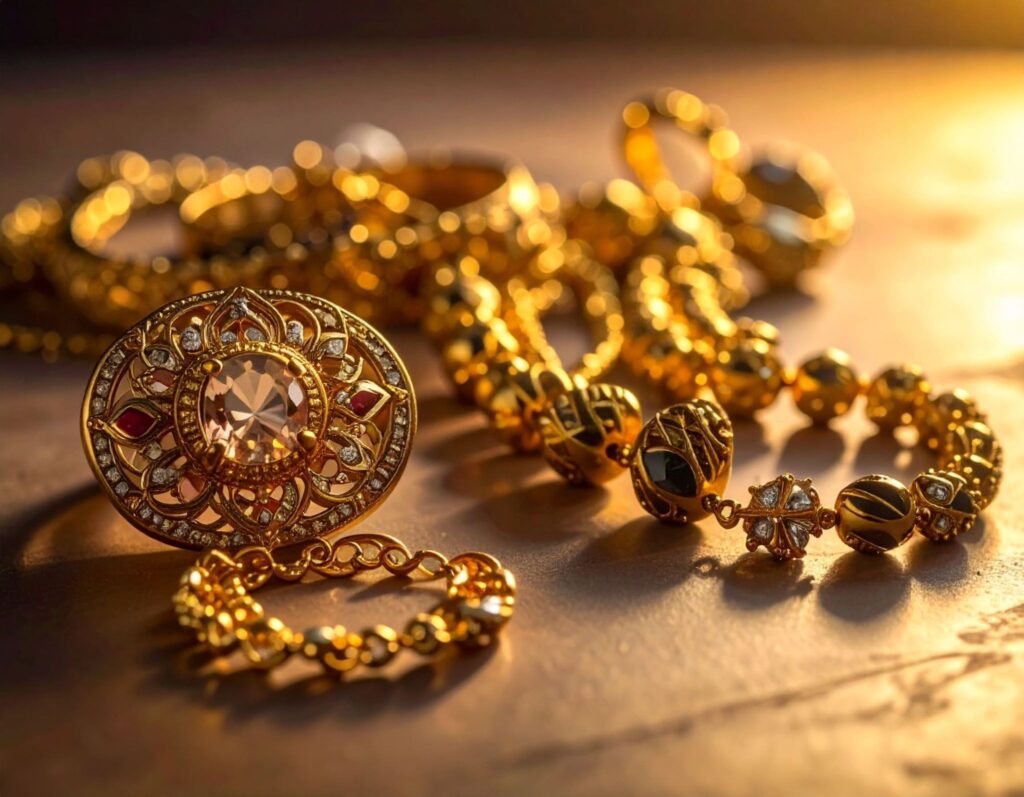 桌面上放著金飾