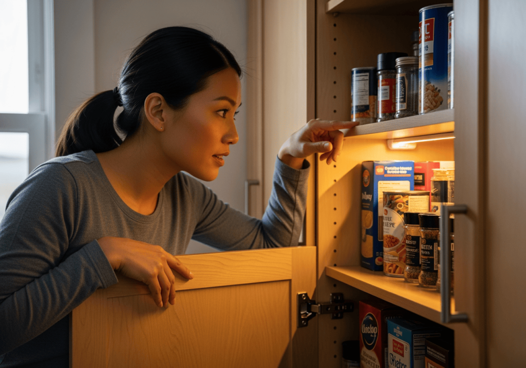 女性（亞洲人）檢查櫥櫃內發熱燈條