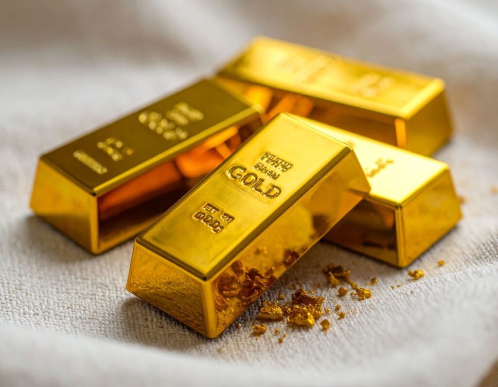 小塊金條放在絨布上